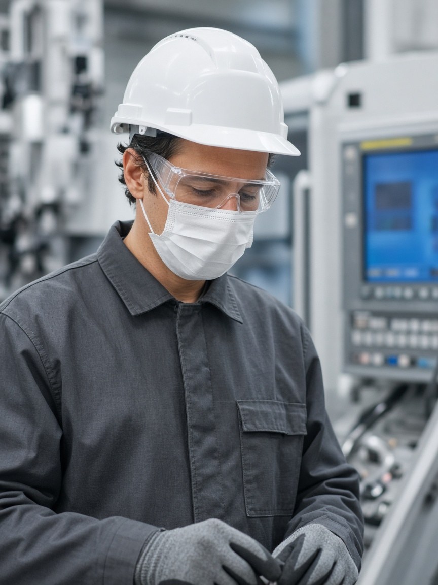 A factory expert in a hard hat inspecting work beside a CNC control screen.