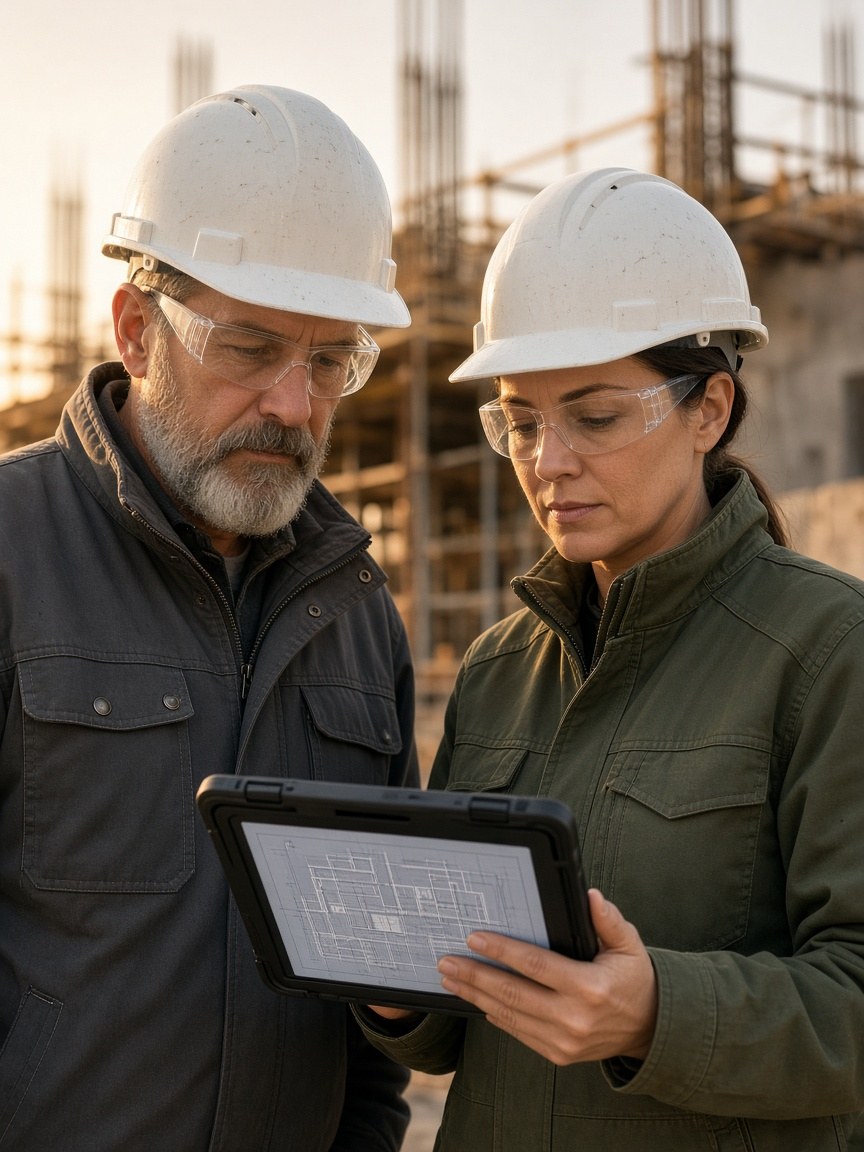 Two construction experts in hard hats reviewing a ruggedized tablet on site.